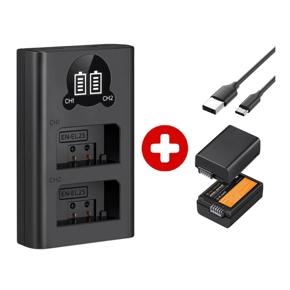 Imagen 1 del producto Combo: Cargador dual K&F Concept + 2 baterías EN-EL25 de 1600mAh, con pantalla LCD, USB-C/Micro USB, para Nikon Z30, Z50, Zfc
